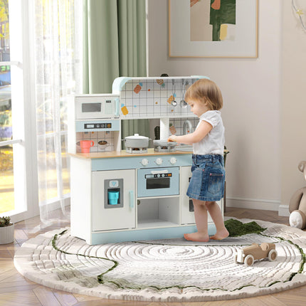 Toy Kitchen Playset with Hob, Sound & Light, Coffee Machine, Ice Maker, Microwave - White & Blue