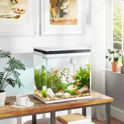 26L Glass Fish Tank with Filter System, LED Lights & Water Pump - White