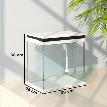 26L Glass Fish Tank with Filter System, LED Lights & Water Pump - White