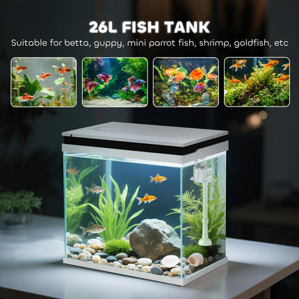 26L Glass Fish Tank with Filter System, LED Lights & Water Pump - White