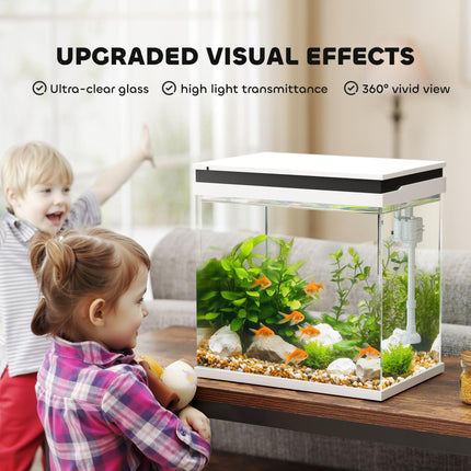 26L Glass Fish Tank with Filter System, LED Lights & Water Pump - White