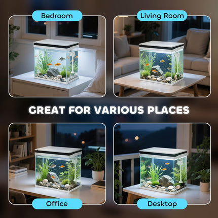 26L Glass Fish Tank with Filter System, LED Lights & Water Pump - White