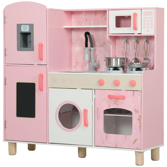 Kids Play Kitchen Set with Lights, Sounds, Double Stoves, Ice Maker & Chalkboard for 3+ Years - Pink