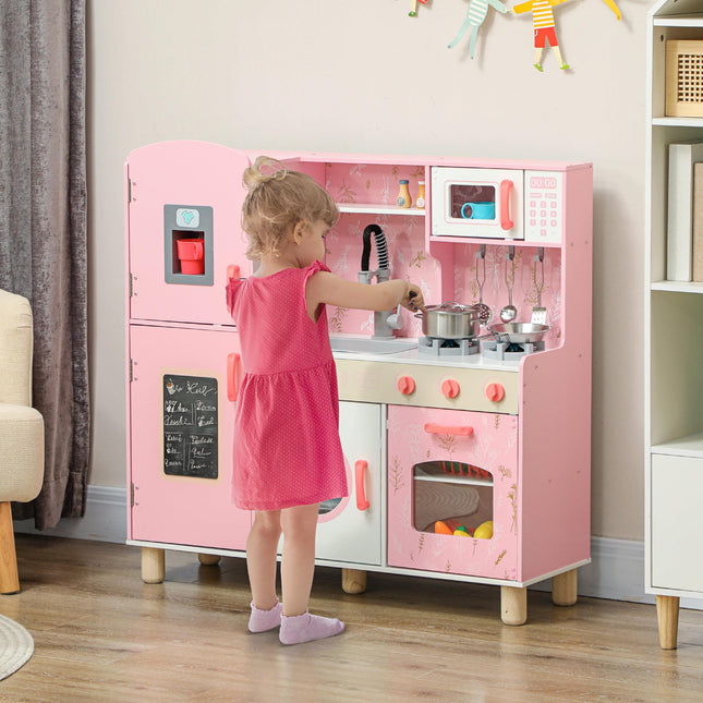 Kids Play Kitchen Set with Lights, Sounds, Double Stoves, Ice Maker & Chalkboard for 3+ Years - Pink