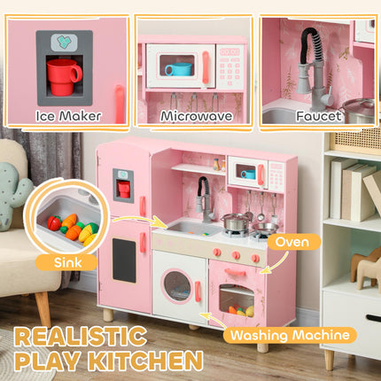 Kids Play Kitchen Set with Lights, Sounds, Double Stoves, Ice Maker & Chalkboard for 3+ Years - Pink