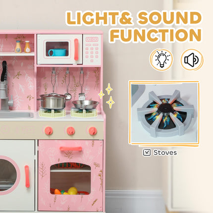 Kids Play Kitchen Set with Lights, Sounds, Double Stoves, Ice Maker & Chalkboard for 3+ Years - Pink