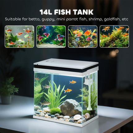 14L Glass Fish Tank with Filter, LED Lights & Water Pump - White