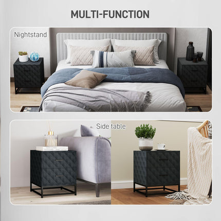Bedside Tables Set of 2, Modern Bedside Table Nightstand with 2 Drawers, Bedside Cabinet Sofa Side Table with Storage, Steel Legs for Bedroom, Living Room, Black