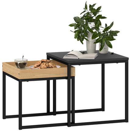 Set of Two Boxy Nesting Tables with Wood-Effect Tray Top - Black
