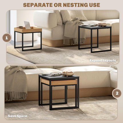 Set of Two Boxy Nesting Tables with Wood-Effect Tray Top - Black