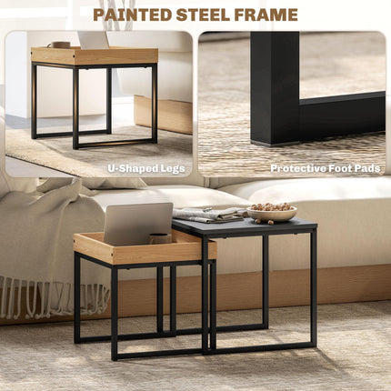 Set of Two Boxy Nesting Tables with Wood-Effect Tray Top - Black