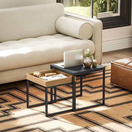Set of Two Boxy Nesting Tables with Wood-Effect Tray Top - Black