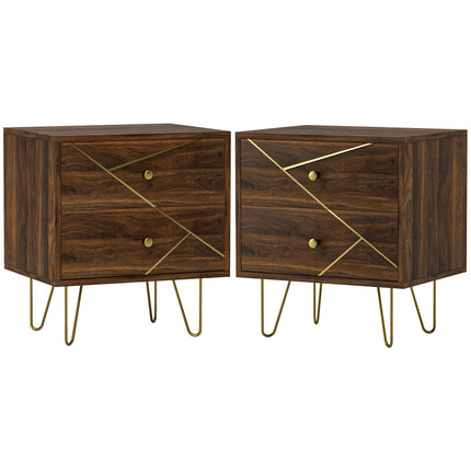 Modern Bedside Tables Set of 2 with 2 Drawers and Steel Hairpin Legs - Brown Wood Grain