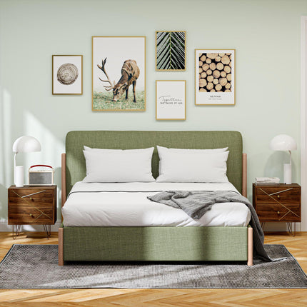Modern Bedside Tables Set of 2 with 2 Drawers and Steel Hairpin Legs - Brown Wood Grain