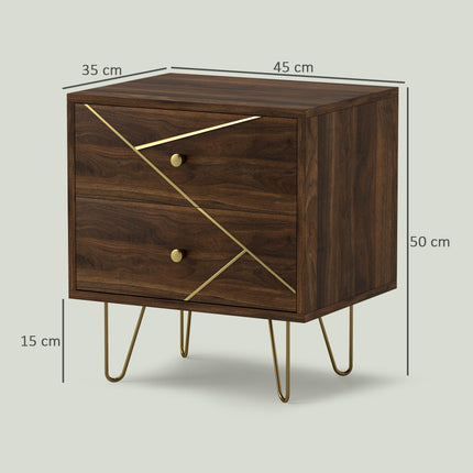 Modern Bedside Tables Set of 2 with 2 Drawers and Steel Hairpin Legs - Brown Wood Grain