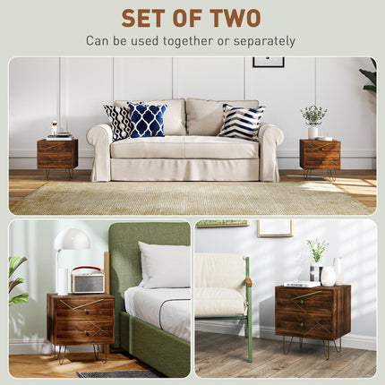 Modern Bedside Tables Set of 2 with 2 Drawers and Steel Hairpin Legs - Brown Wood Grain