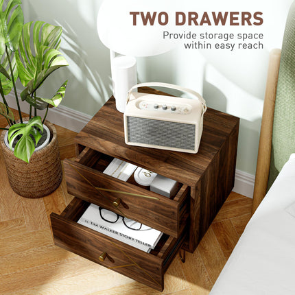 Modern Bedside Tables Set of 2 with 2 Drawers and Steel Hairpin Legs - Brown Wood Grain