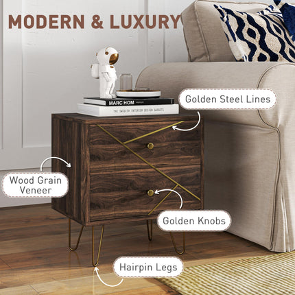 Modern Bedside Tables Set of 2 with 2 Drawers and Steel Hairpin Legs - Brown Wood Grain