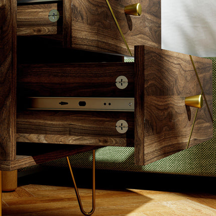 Modern Bedside Tables Set of 2 with 2 Drawers and Steel Hairpin Legs - Brown Wood Grain