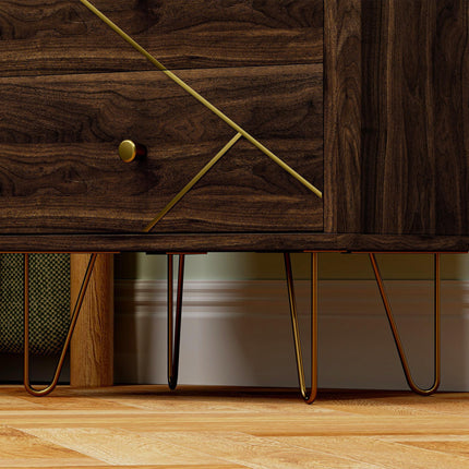 Modern Bedside Tables Set of 2 with 2 Drawers and Steel Hairpin Legs - Brown Wood Grain