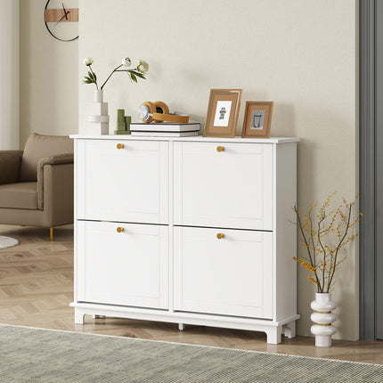 Narrow Shoe Storage Cabinet, Slim Shoe Cabinet with 4 Flip Drawers, Adjustable Shelves for 16 Pairs of Shoes, White