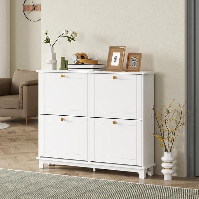 Narrow Shoe Storage Cabinet, Slim Shoe Cabinet with 4 Flip Drawers, Adjustable Shelves for 16 Pairs of Shoes, White