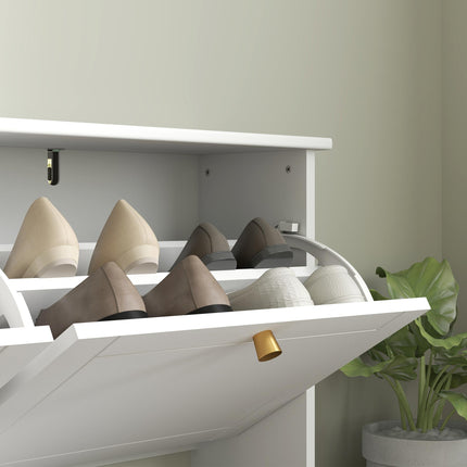 Narrow Shoe Storage Cabinet, Slim Shoe Cabinet with 4 Flip Drawers, Adjustable Shelves for 16 Pairs of Shoes, White