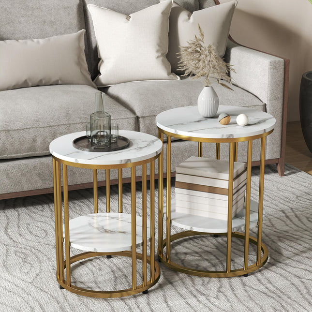 Set of Two Marble-Effect Two-Tier Coffee Tables - White/Gold-Tone