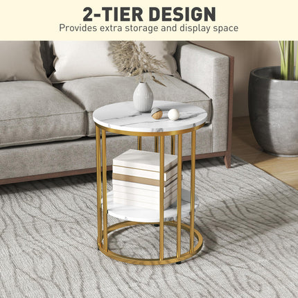Set of Two Marble-Effect Two-Tier Coffee Tables - White/Gold-Tone