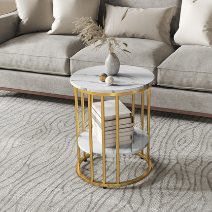 Set of Two Marble-Effect Two-Tier Coffee Tables - White/Gold-Tone