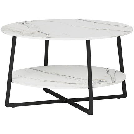Two-Tier Marble-Effect Round Coffee Table 80cm - White/Black