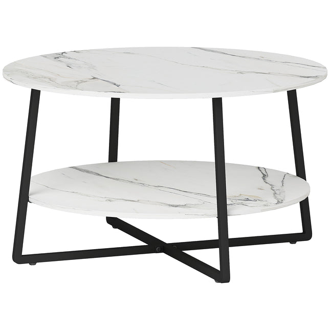 Two-Tier Marble-Effect Round Coffee Table 80cm - White/Black