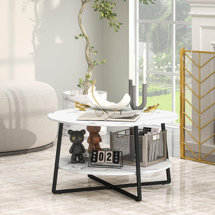 Two-Tier Marble-Effect Round Coffee Table 80cm - White/Black