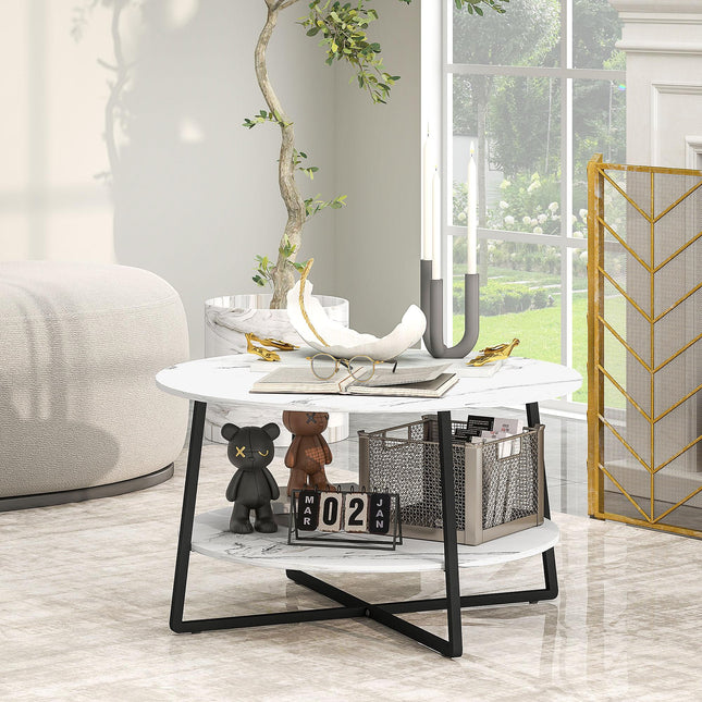 Two-Tier Marble-Effect Round Coffee Table 80cm - White/Black
