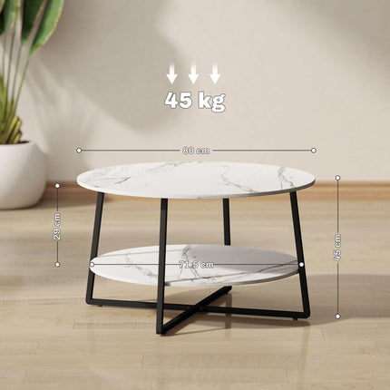 Two-Tier Marble-Effect Round Coffee Table 80cm - White/Black