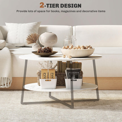 Two-Tier Marble-Effect Round Coffee Table 80cm - White/Black