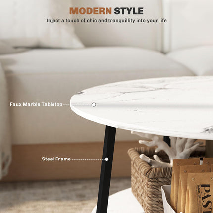 Two-Tier Marble-Effect Round Coffee Table 80cm - White/Black