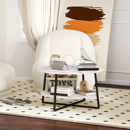 Two-Tier Marble-Effect Round Coffee Table 80cm - White/Black