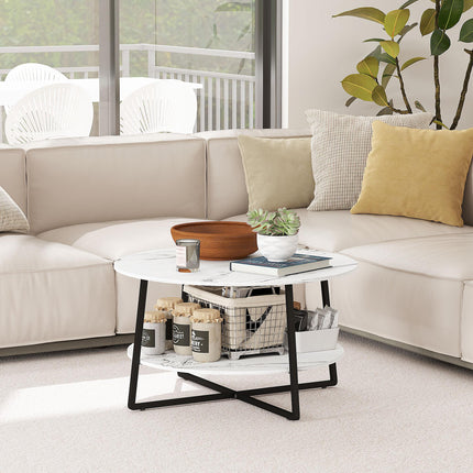 Two-Tier Marble-Effect Round Coffee Table 80cm - White/Black