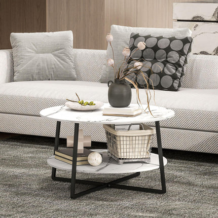 Two-Tier Marble-Effect Round Coffee Table 80cm - White/Black