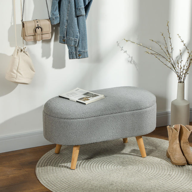 Teddy Fleece Storage Ottoman with Pine Legs - Grey