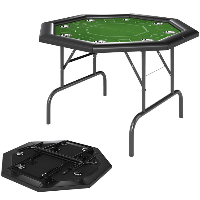 8 Player Folding Octagon Poker Table with Cup Holders and Padded Edge - Green