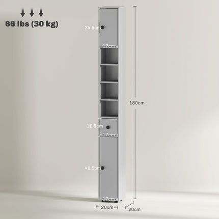 kleankin 180cm Slim Bathroom Cabinet, with Drawer, Shelves and Cupboards - Grey