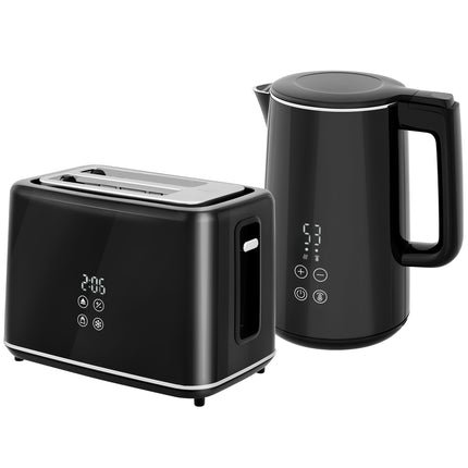 1.5L 3000W Fast Boil Kettle and 2-Slice Toaster Set with 7 Browning Levels, Defrost & Reheat - Black