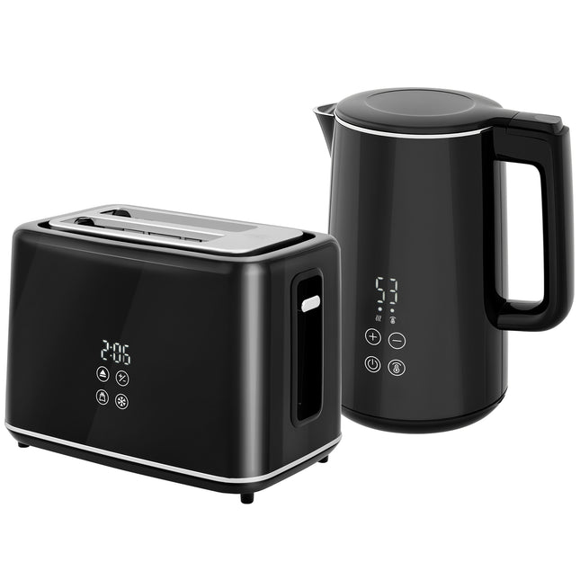 1.5L 3000W Fast Boil Kettle and 2-Slice Toaster Set with 7 Browning Levels, Defrost & Reheat - Black