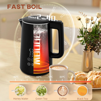 1.5L 3000W Fast Boil Kettle and 2-Slice Toaster Set with 7 Browning Levels, Defrost & Reheat - Black
