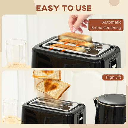 1.5L 3000W Fast Boil Kettle and 2-Slice Toaster Set with 7 Browning Levels, Defrost & Reheat - Black