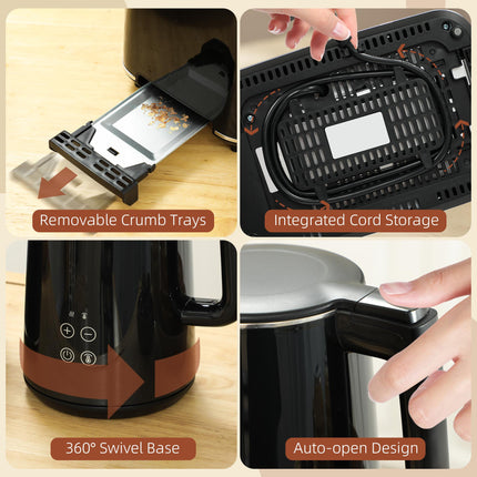 1.5L 3000W Fast Boil Kettle and 2-Slice Toaster Set with 7 Browning Levels, Defrost & Reheat - Black