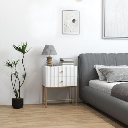 Elegant Two-Drawer Bedside Table with Gold Handles - White