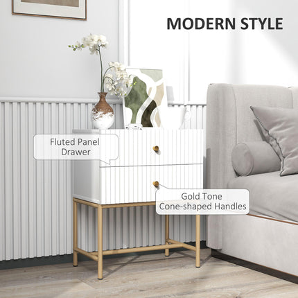 Elegant Two-Drawer Bedside Table with Gold Handles - White
